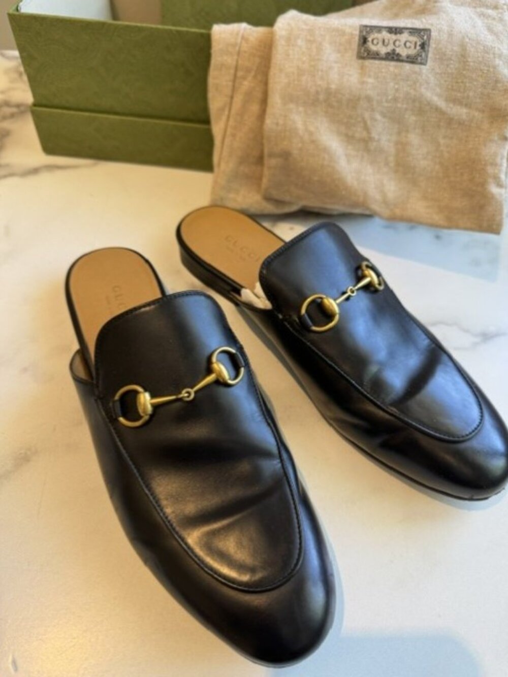 Gucci Princetown Black Leather Horesbit Mules Loafers - size 38.5